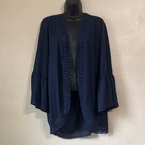 Navy Blue Lace Trim Kimono Cardigan